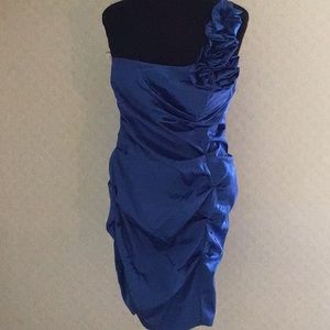 Sexy flirty prom blue satin dress off shoulder flowers